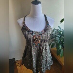 Free People Women Beaded Shirt top Green Floral Size XS